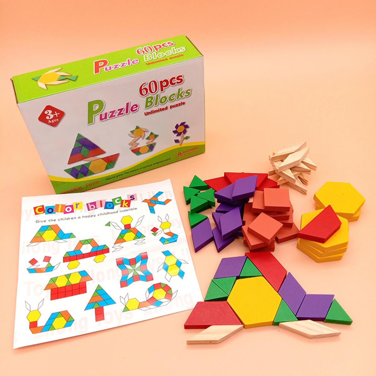 Colorful puzzle blocks with packaging and instructions on a peach background