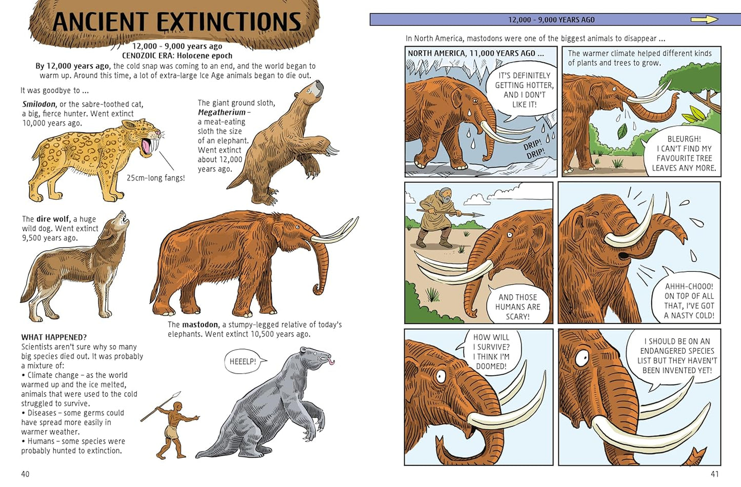 Educational illustration about ancient extinctions with prehistoric animals and text.