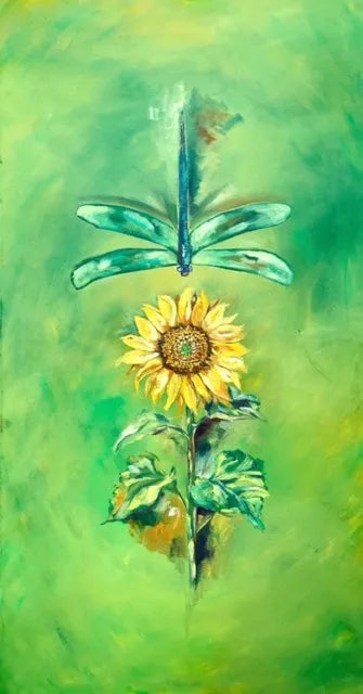 A painted artwork featuring a yellow sunflower with green leaves and stems on a textured green background, with a blue-green dragonfly above it.