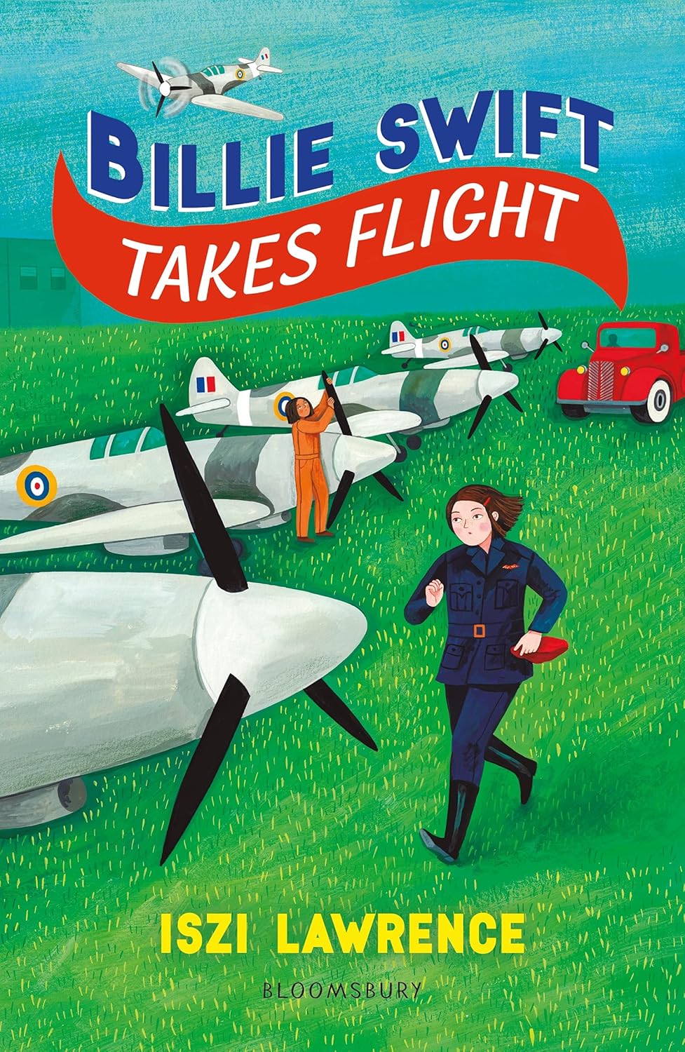 Book cover of 'Billie Swift Takes Flight' with a woman, airplane, and vintage car illustration.