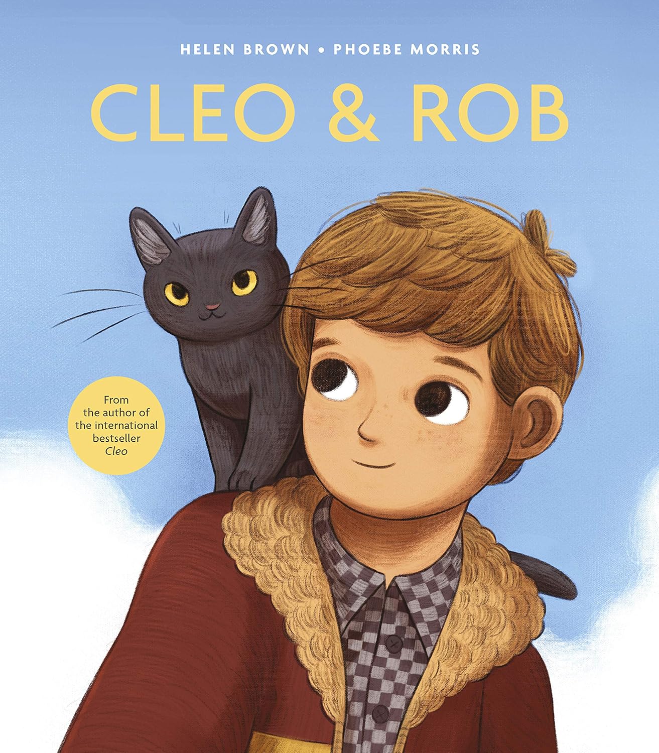Book cover of 'Cleo & Rob' featuring a boy with a black cat on his shoulder against a blue sky.