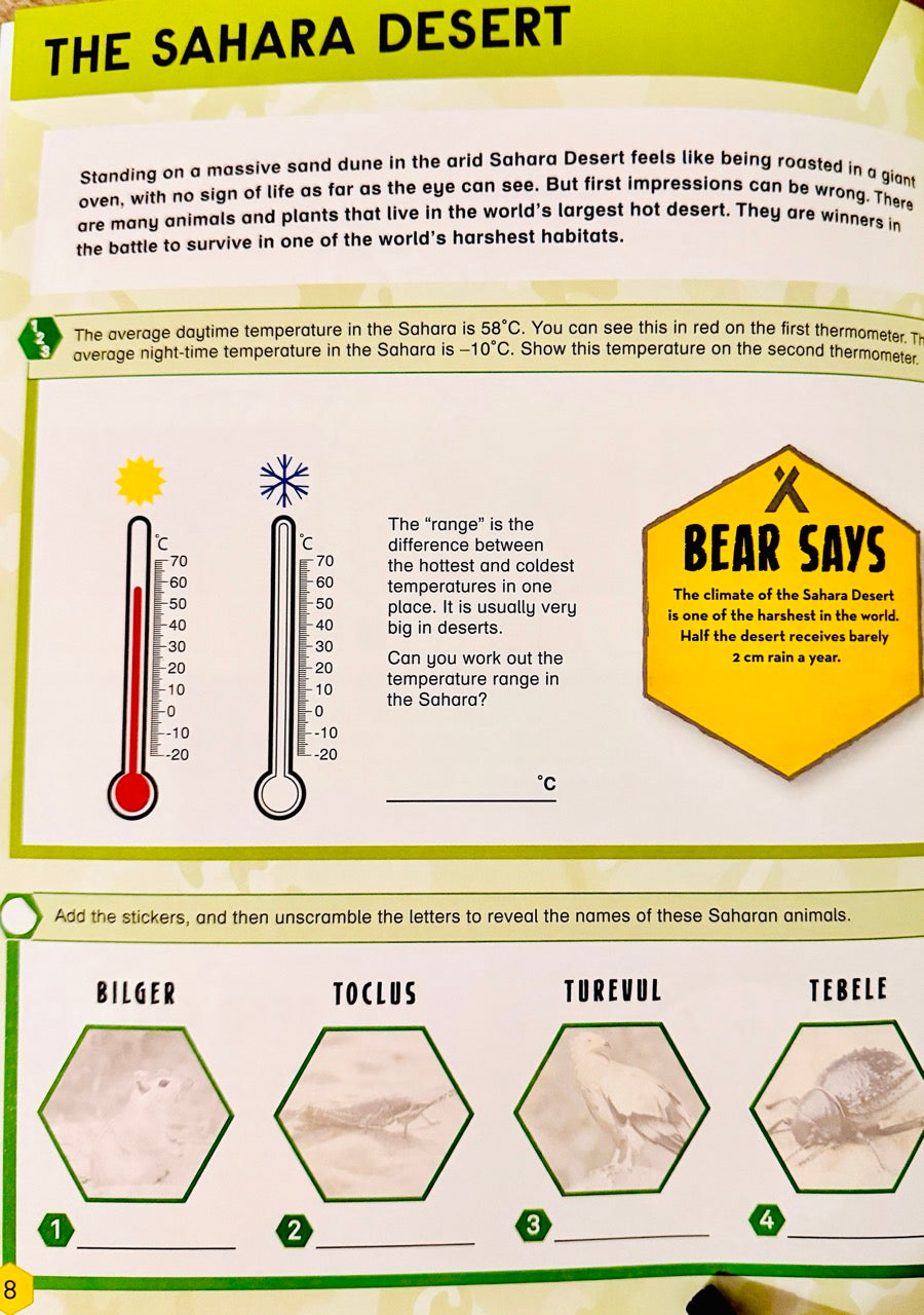 Educational page about the Sahara Desert with temperature information and animal names.