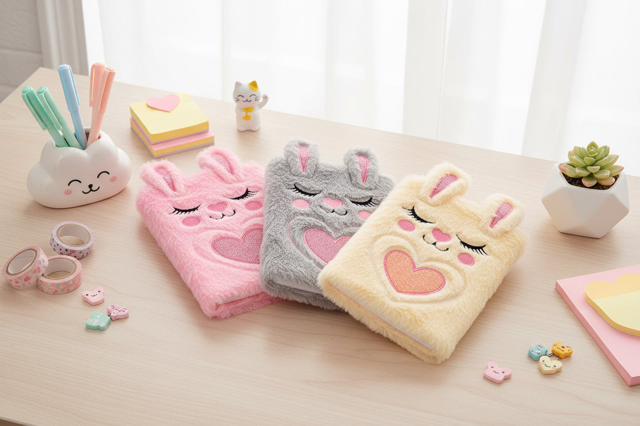 Three plush journals with bunny designs.