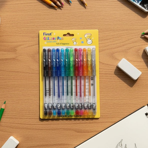 Set of colorful gel pens in packaging on a wooden table with art supplies.
