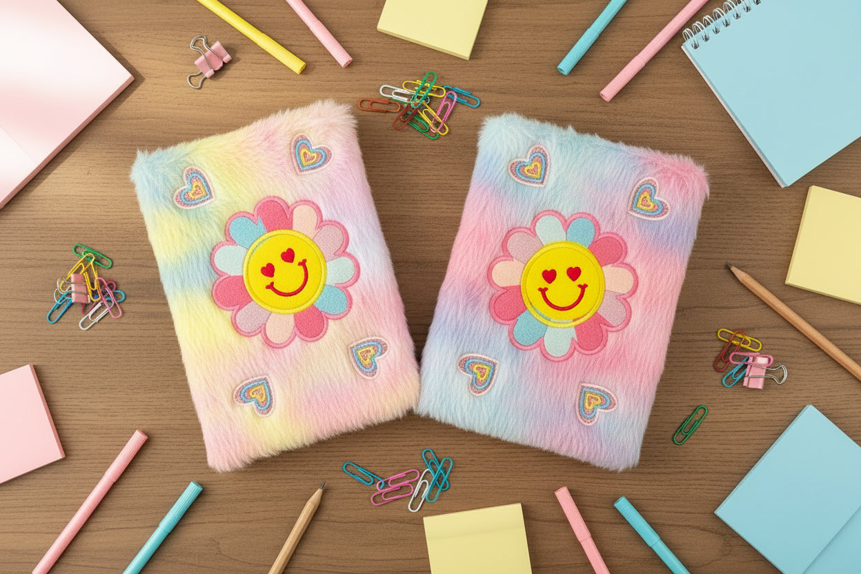 Two colorful journals with smiley face designs on a white background