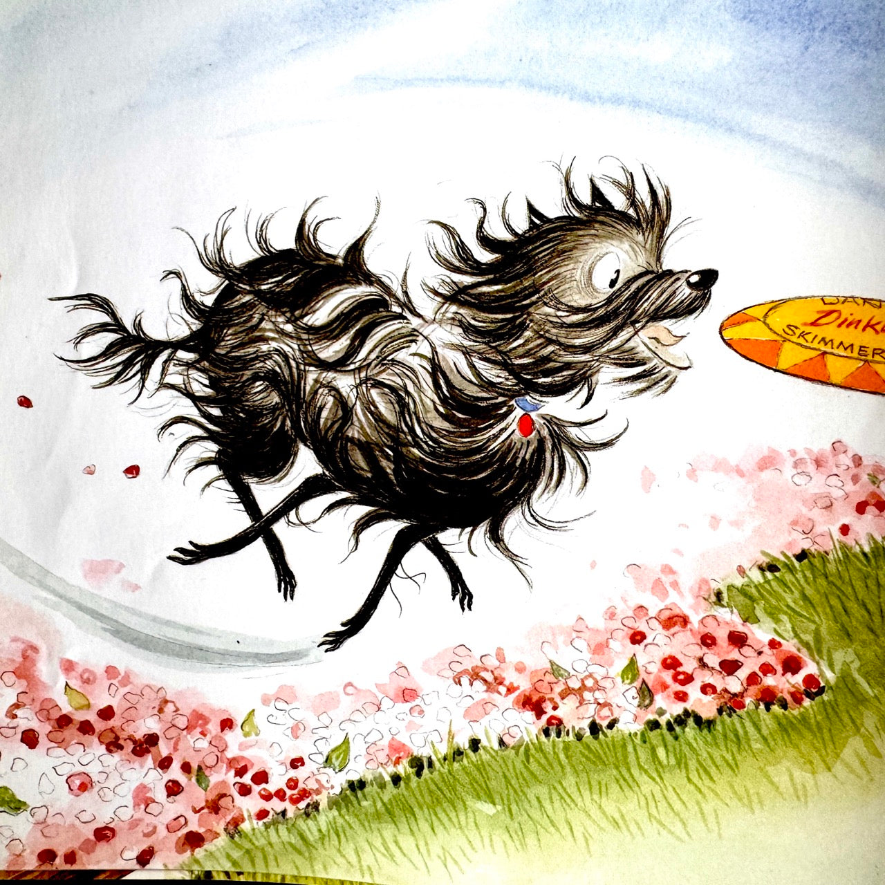 Illustration of a dog running with a frisbee in the meadow