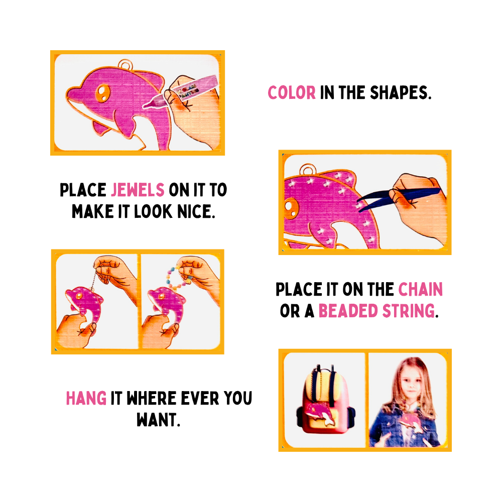 Instructions for decorating a pink fish-shaped object with jewels and hanging it.