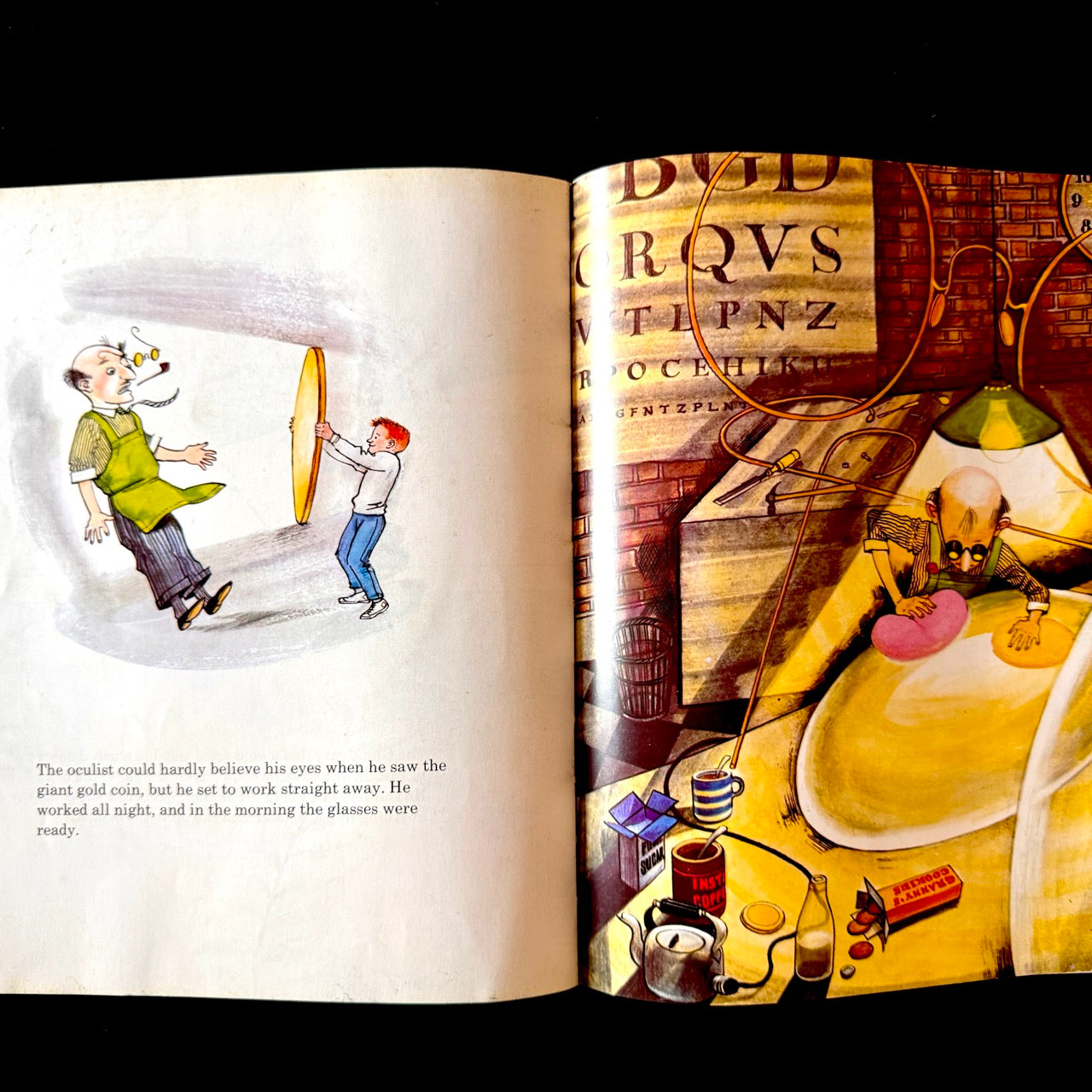 Open book with illustrated pages showing a scene with a character and a giant gold coin.