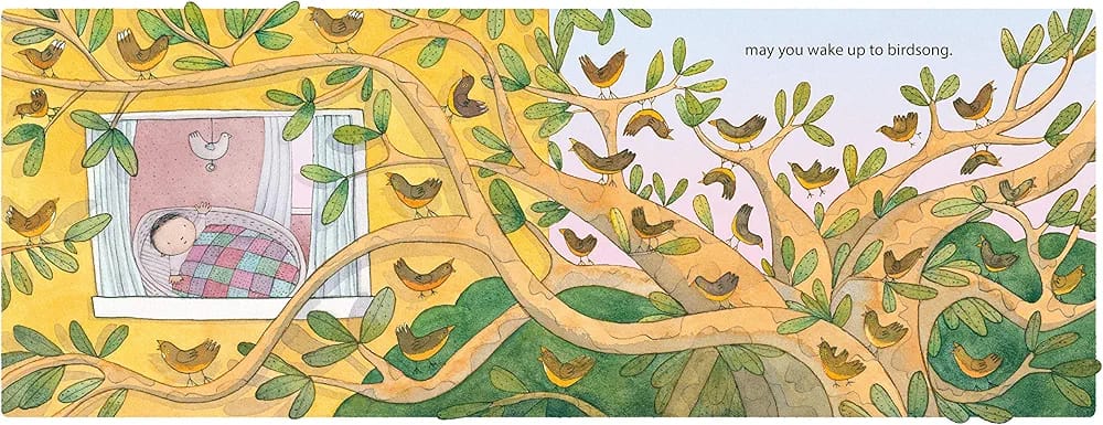 Illustration of a child sleeping by a window with birds perched on a tree branch.