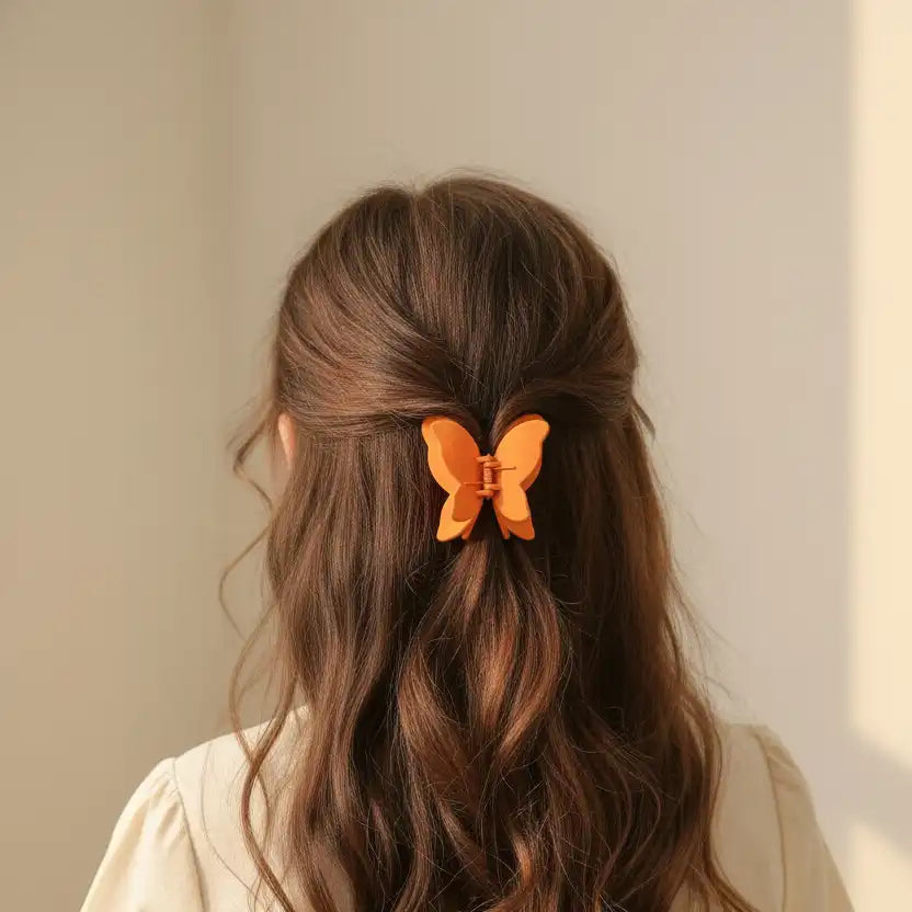 Person with long brown hair wearing an orange butterfly hair clip against a neutral background