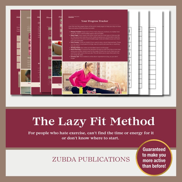 Promotional graphic for 'The Lazy Fit Method' by Zubda Publications with text and images of a woman exercising.