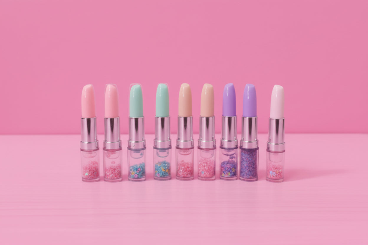 Row of colorful lipstick pens on a pink background