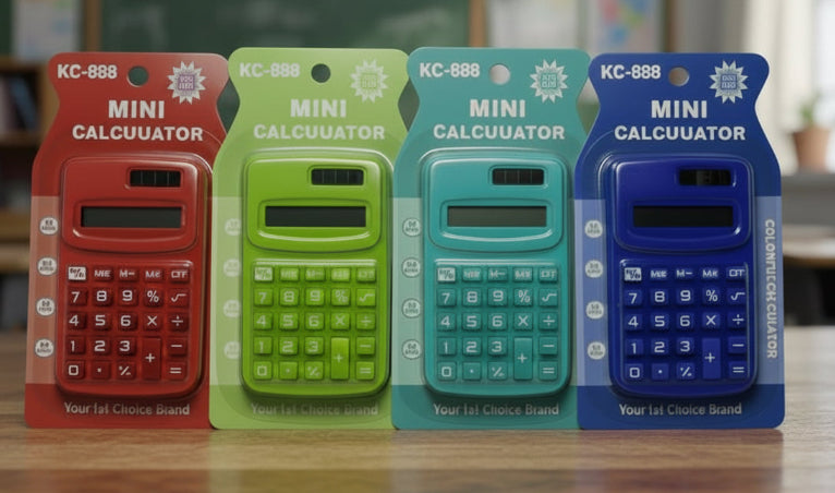 Four mini calculators in different colors on a reflective surface with a blurred classroom background.