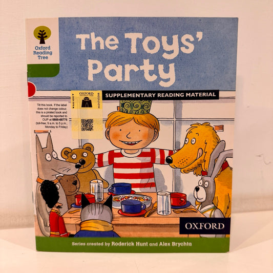 Book titled 'The Toys' Party' with illustrations of children and toys on the cover.