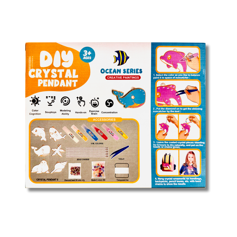 Packaging of a DIY crystal pendant kit with ocean-themed designs on a white background