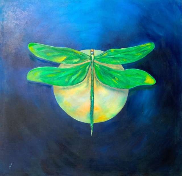 A square painting of a green dragonfly centered over a pale yellow-green oval, set against a dark blue and navy textured background.