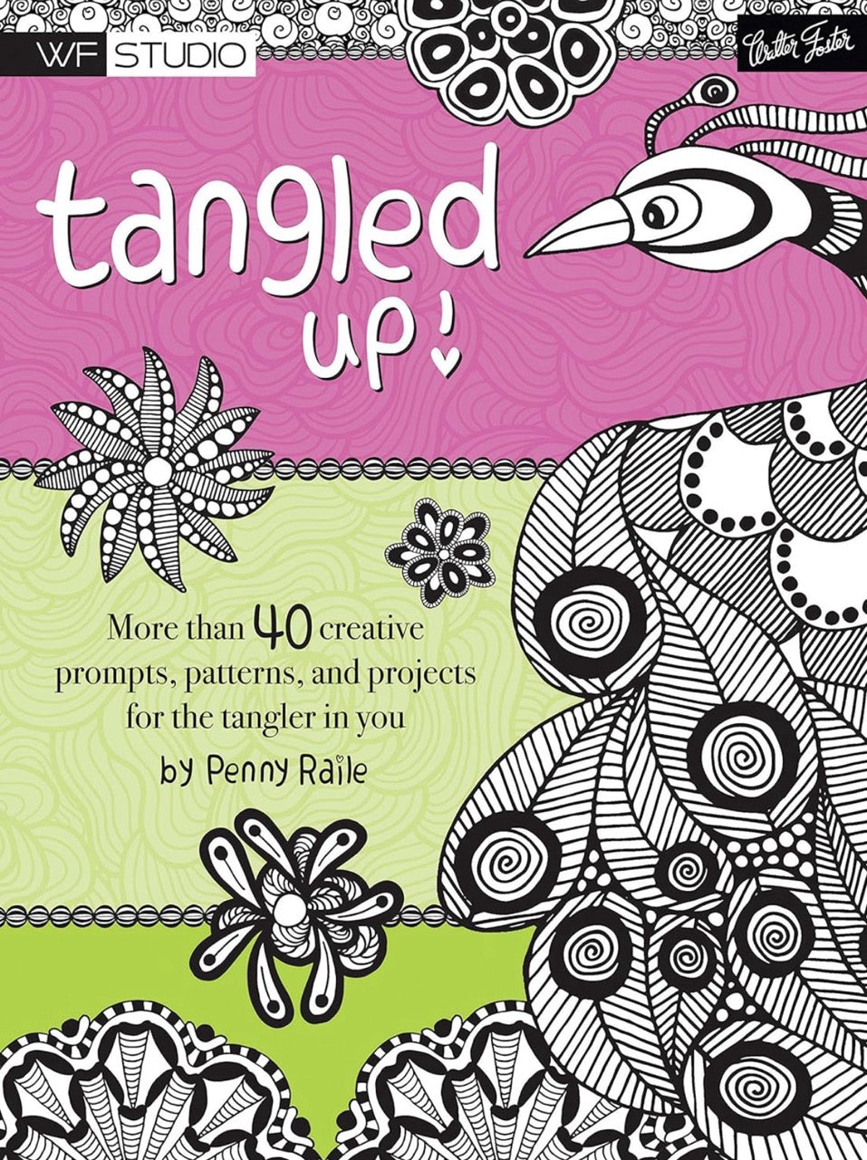 Book cover of 'Tangled Up!' with black and white patterns on a pink and green background