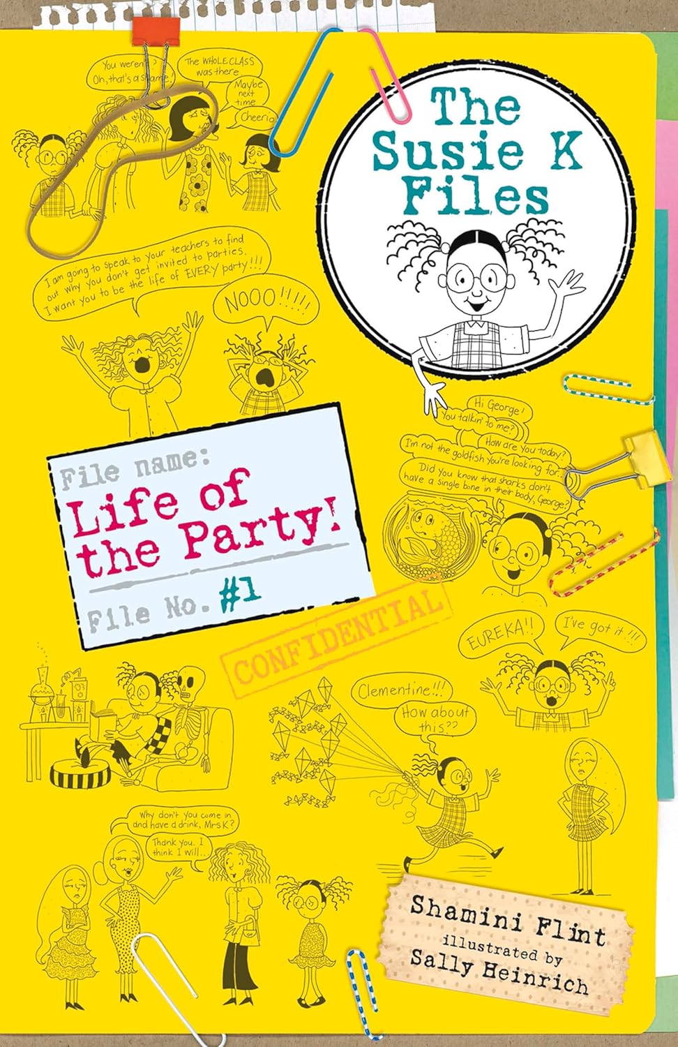 Book cover of 'The Susie K Files: Life of the Party!' with colorful illustrations and a yellow background.