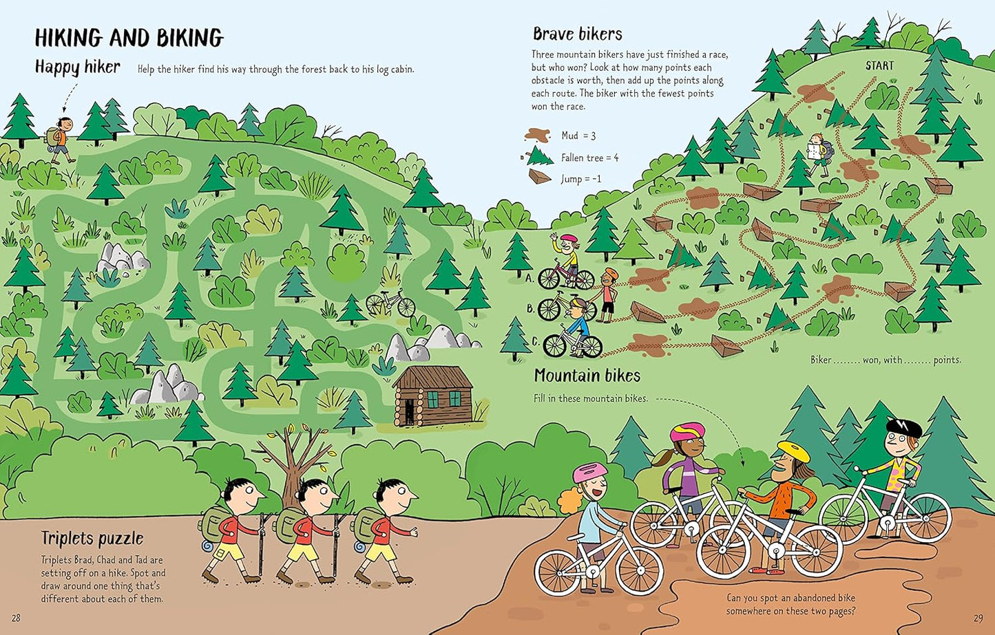Illustrated map of a hiking and biking trail with characters and text