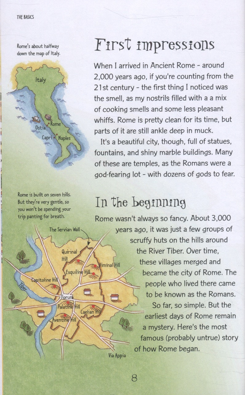 Book page with text and maps of Rome, describing its history and layout.