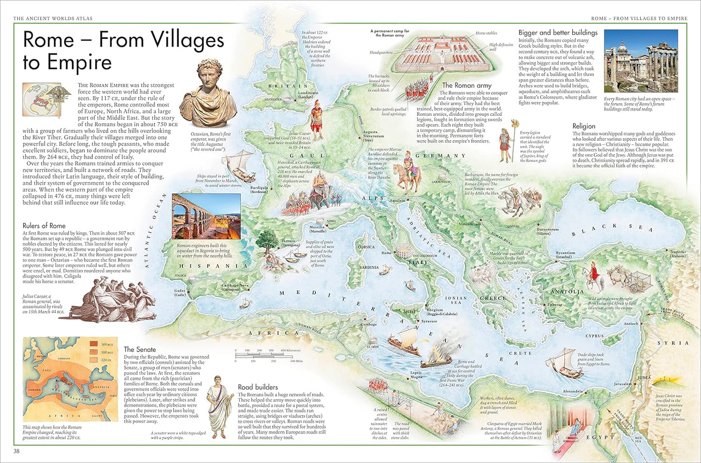 Educational map of Rome's development from villages to empire with illustrations and text.