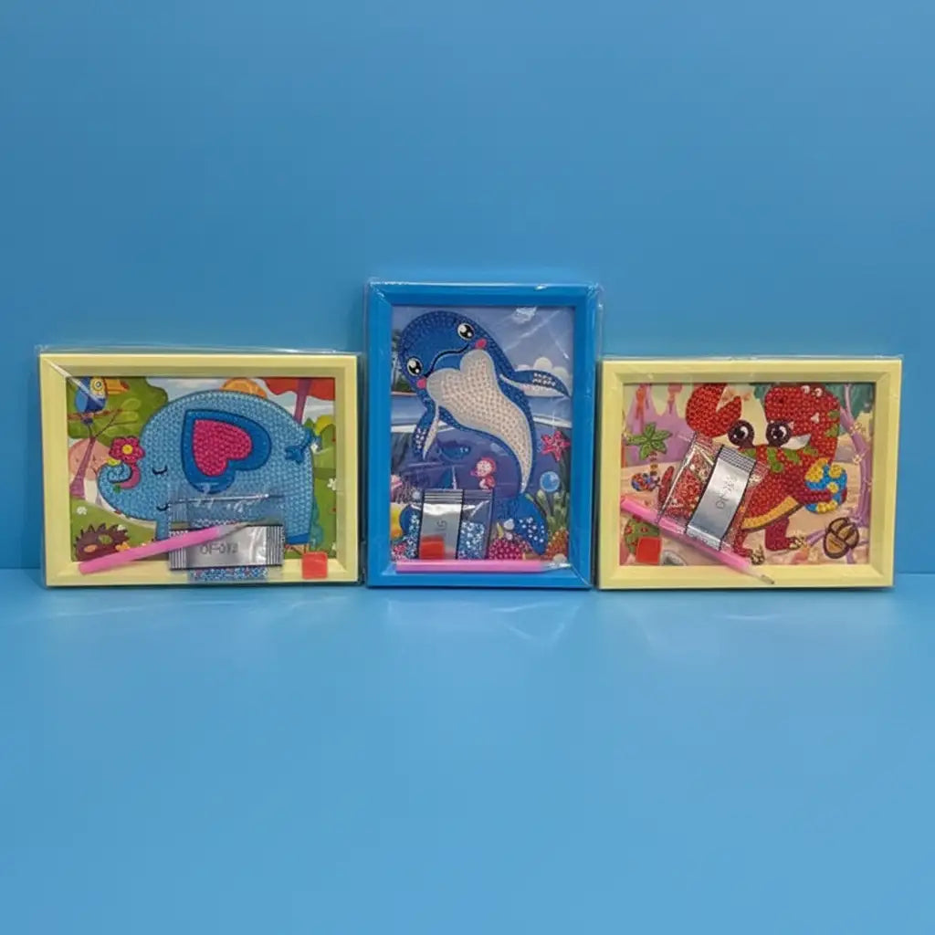 Three colorful framed artworks on a blue background
