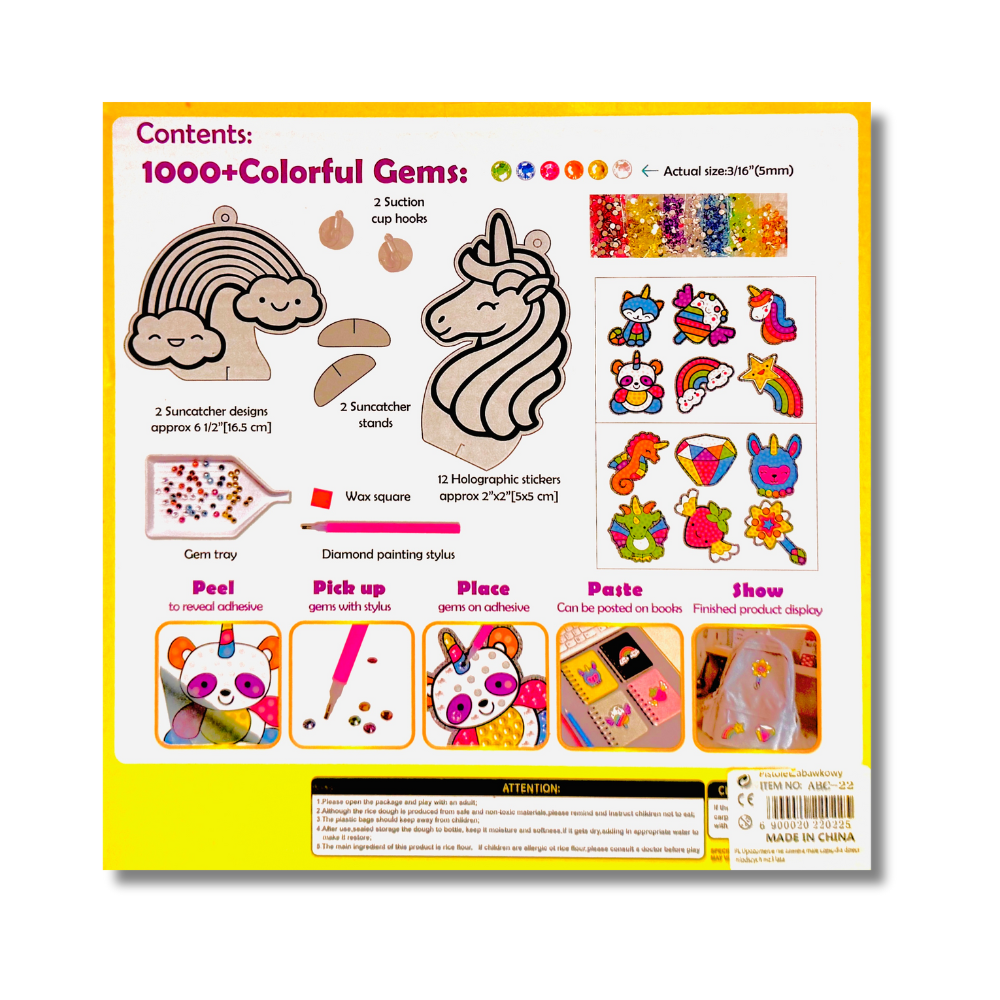 Product packaging with colorful gems and suncatcher design elements on a white background