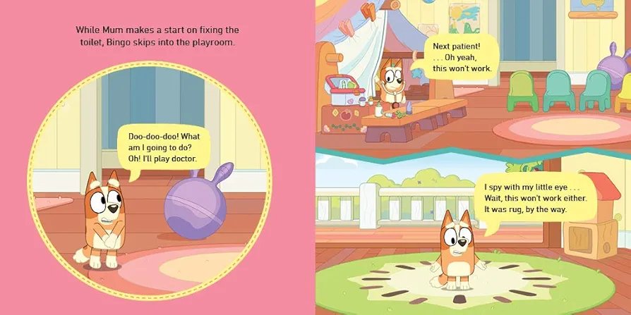Illustrated book page with a cartoon cat character in a playroom setting.