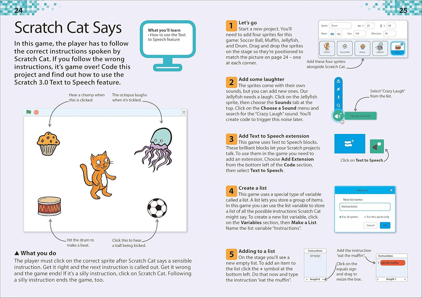 Instructional page on using Scratch 3.0 to Speech feature with a cat and octopus illustration.