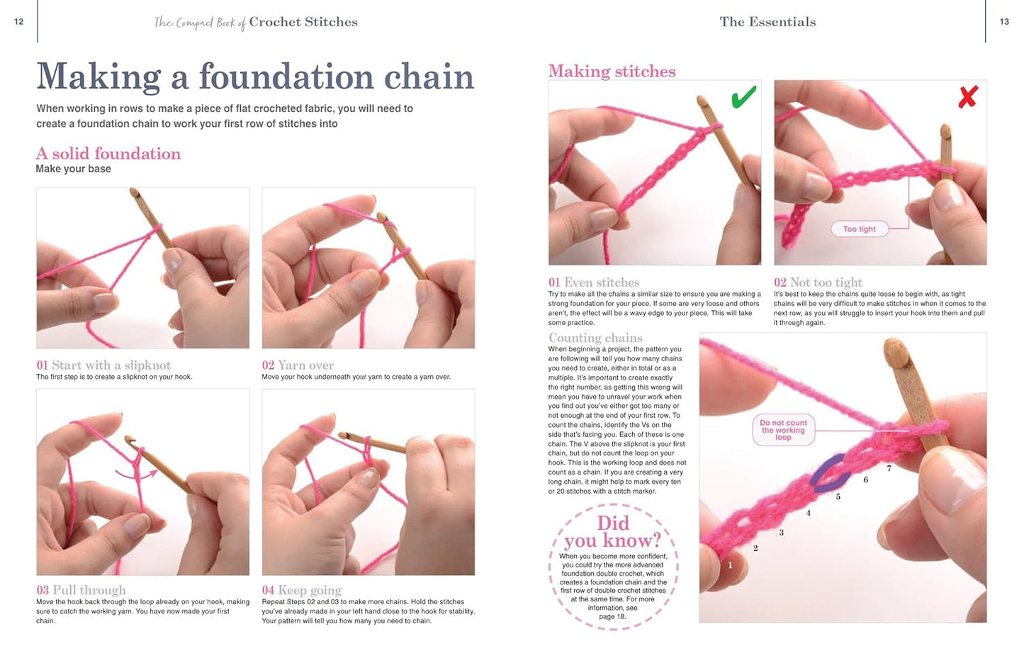 Instructional guide on making a foundation chain for crochet, showing step-by-step hands-on actions.
