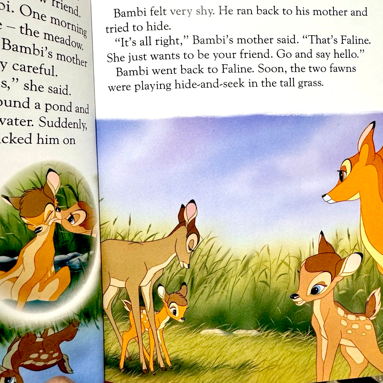 Illustration from a children's book featuring deer in a grassy field with text on the left.
