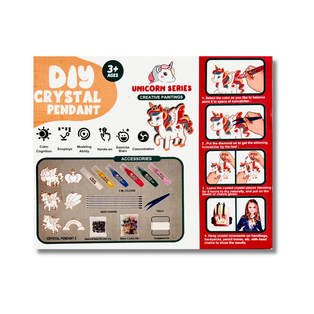 DIY crystal pendant kit packaging with unicorn design on a white background