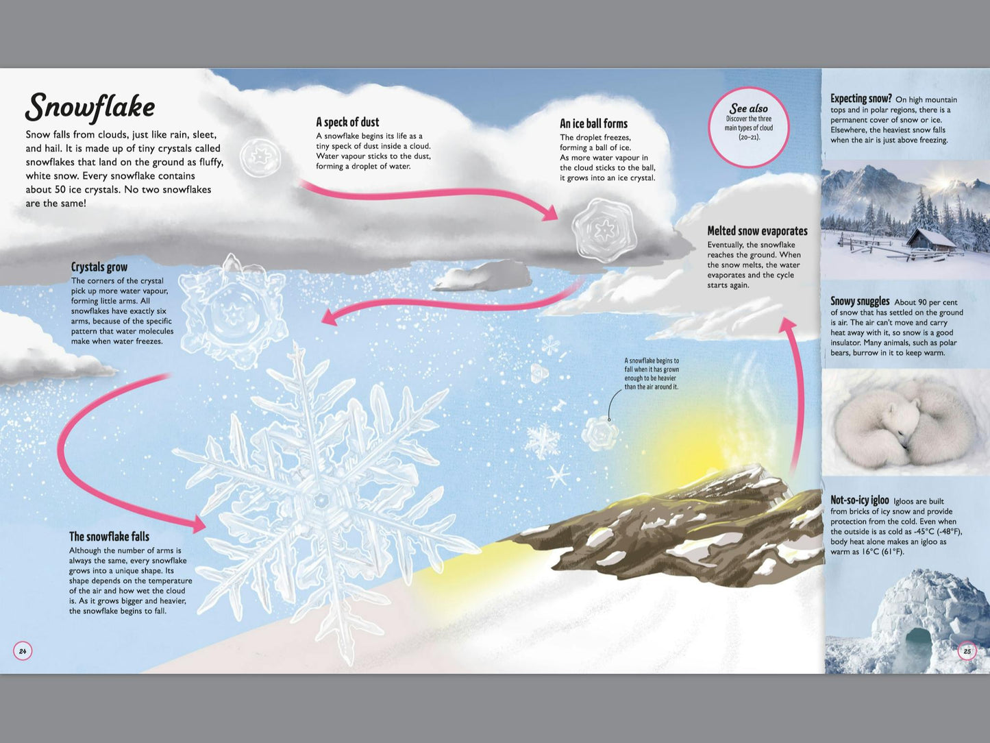 Educational illustration of a snowflake formation process with text labels.