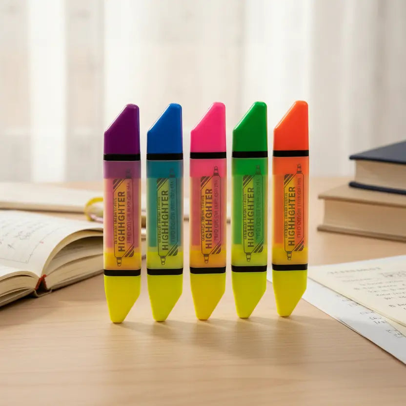 dual tip highlighters standing on a wood desk with notes and books