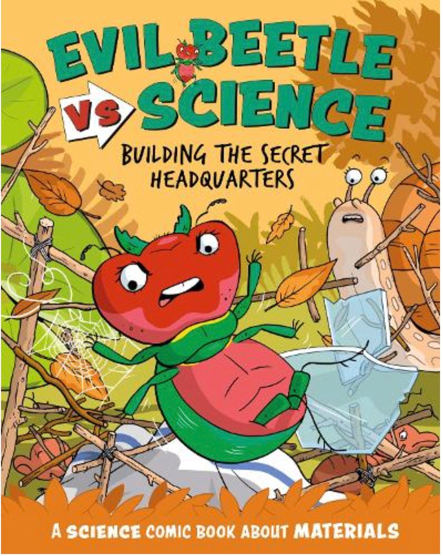 Book cover of 'Evil Beetle vs Science' with cartoon beetle and scientist characters.