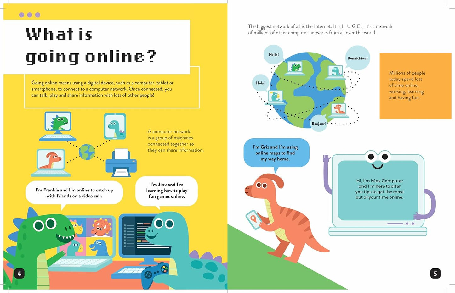 Children's book page about computers and the internet with colorful illustrations and text.