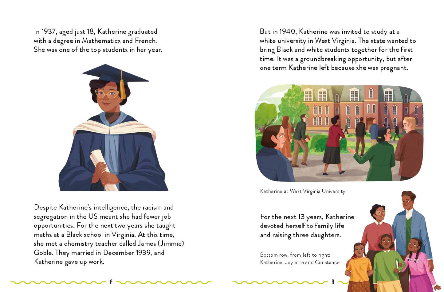 Book page with illustrations of a woman in graduation gown and a scene at West Virginia University.