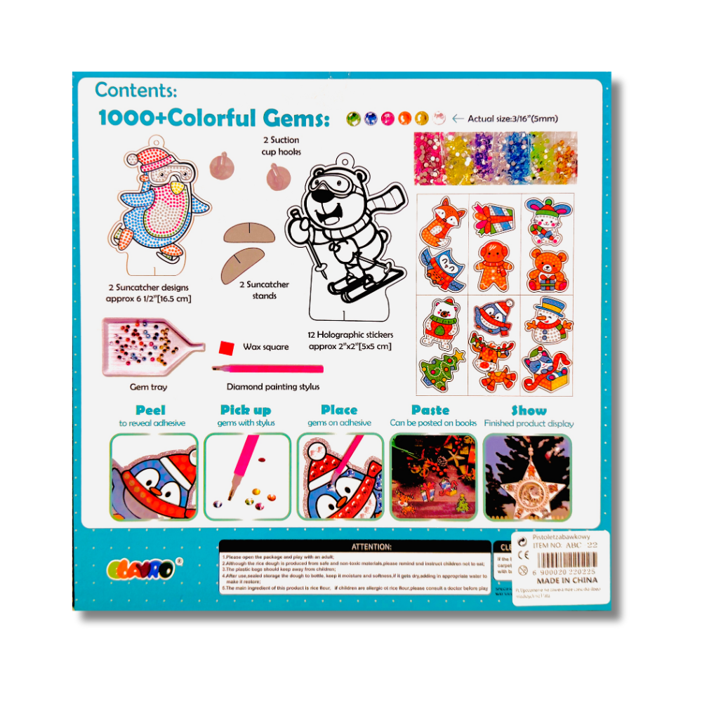 Product packaging with colorful gems and craft items on a white background