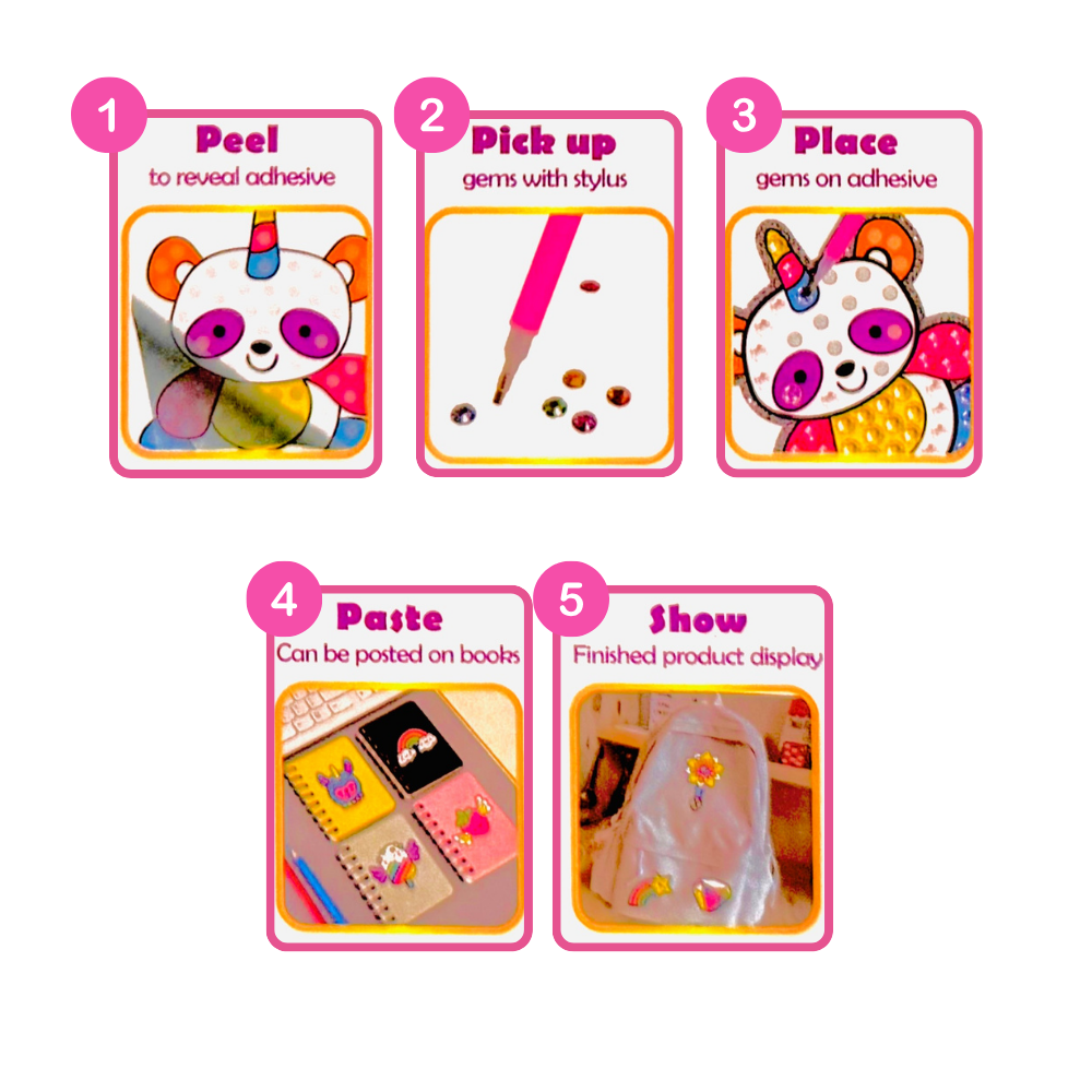 Step-by-step guide for applying decorative gems with a panda design on a white background.