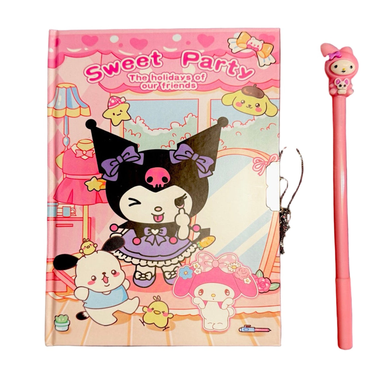Notebook with a cute character design and a pink pen.