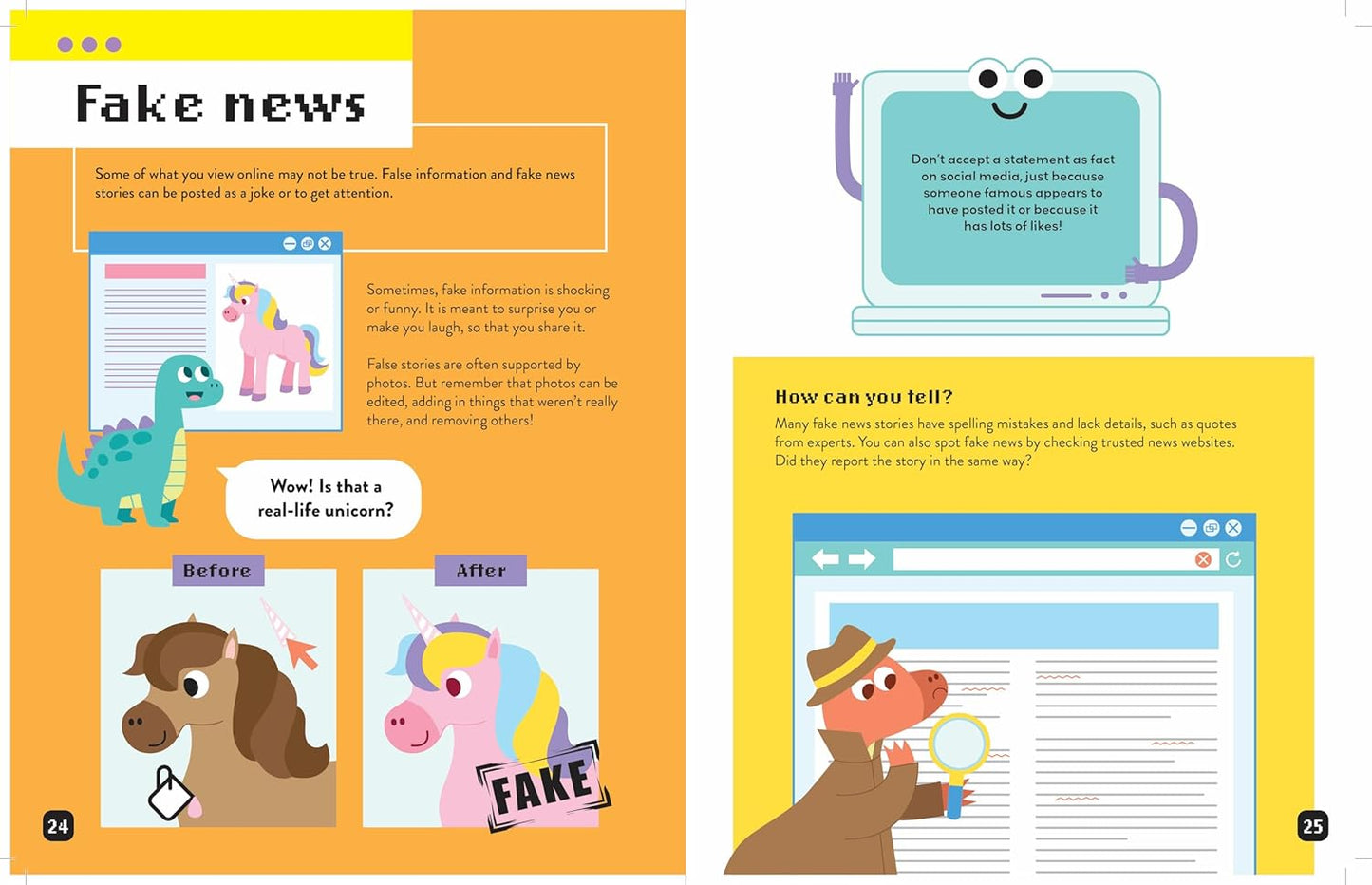 Educational book pages about fake news with colorful illustrations and text.