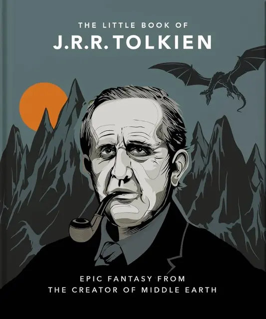 Book cover of 'The Little Book of J.R.R. Tolkien' with illustration of J.R.R. Tolkien, mountains, and dragon.