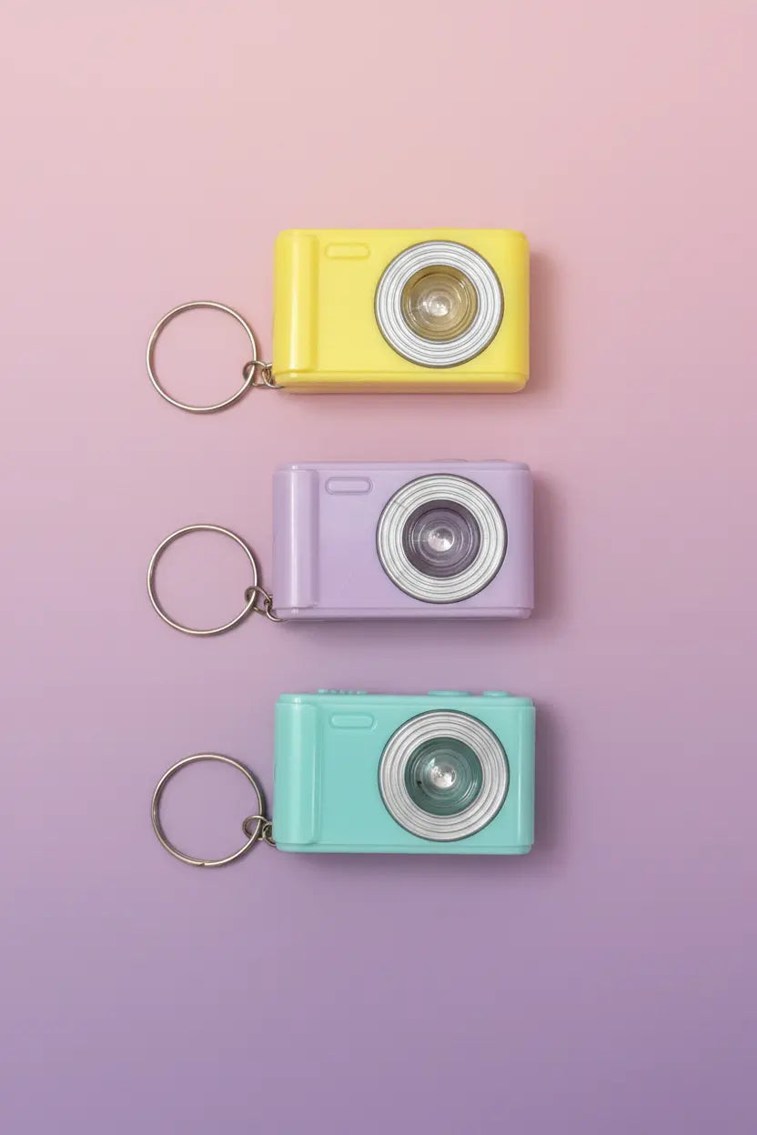 small cameras with lens and keychains on a light pink purple gradient background