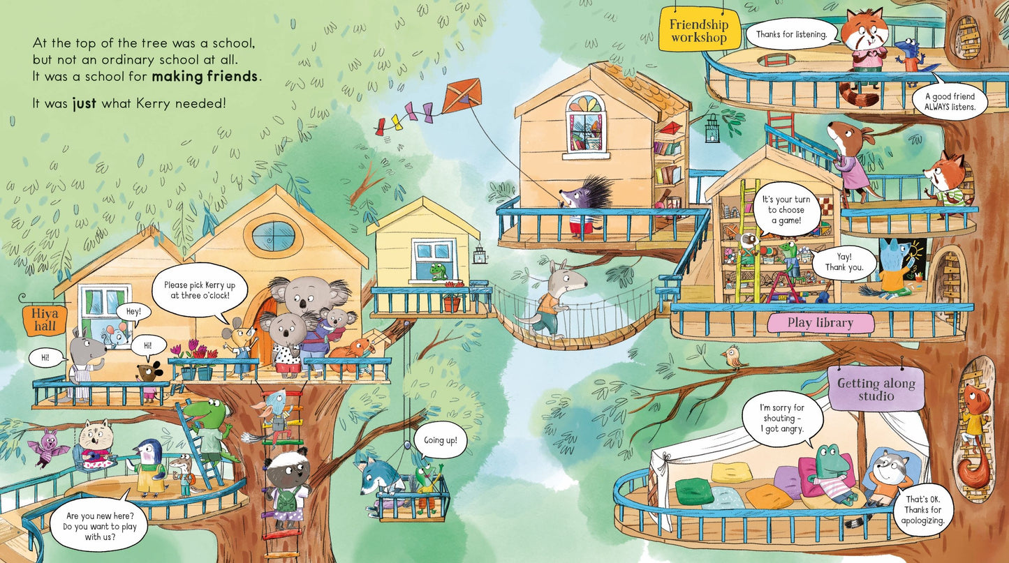 Illustrated scene of a treehouse community with various activities and interactions.