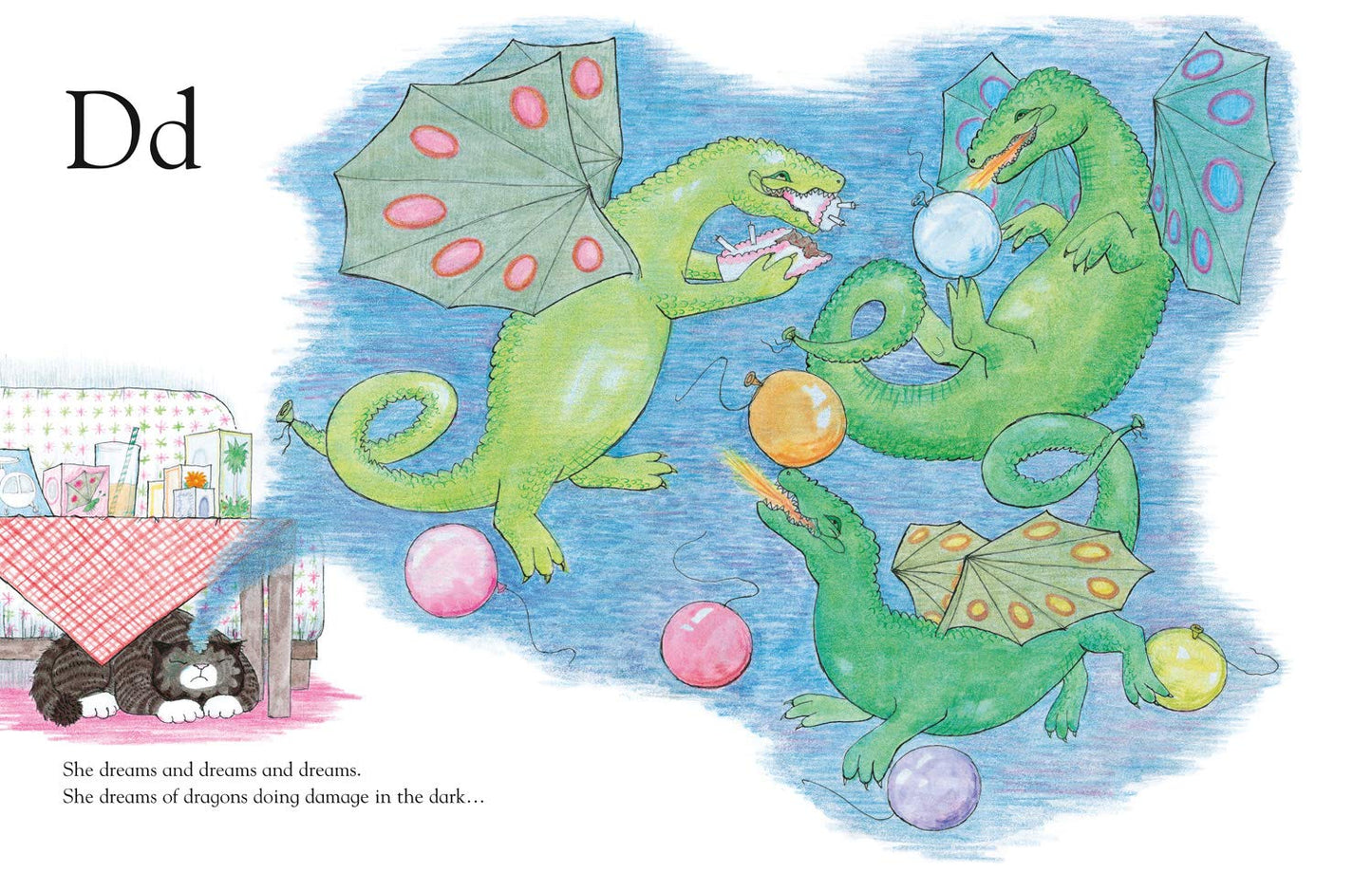 Illustration of dragons from a children's book with a cat in the background.