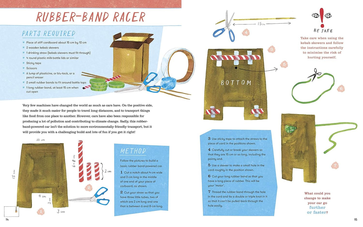 Illustrated instructions for a rubber band racer project with text and diagrams.