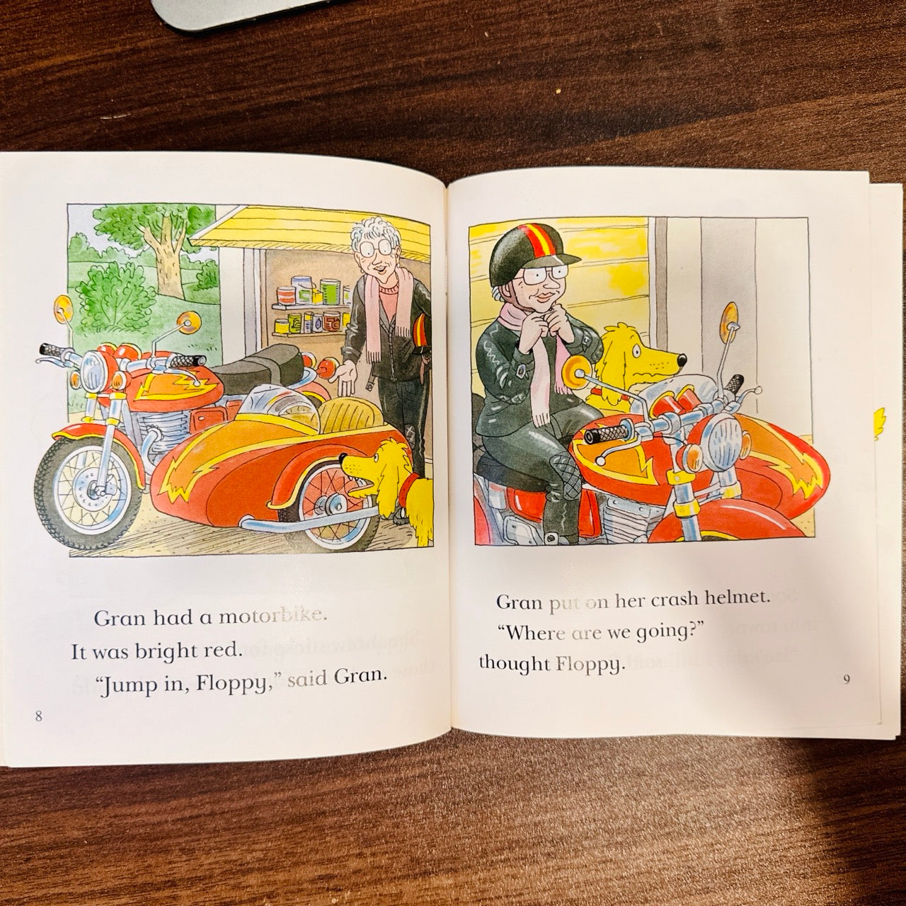 illustrations showing a grandma taking the dog on her motorcycle