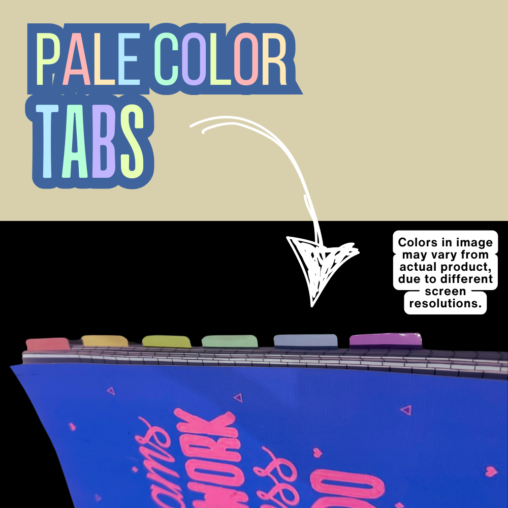 Colorful tab stickers dividing sections of a notebook with the statement 'colors in image may vary from actual, product, due to different screen resolution.' tabs are light shades of red, yellow, green, sea green, blue and purple.