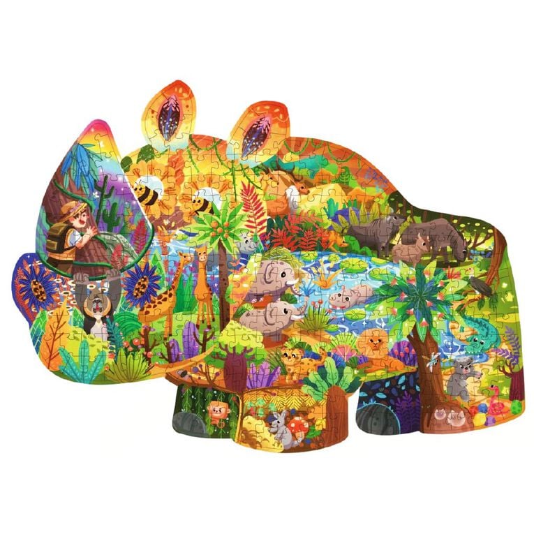 Colorful rhino shaped puzzle with various animals and landscapes on a white background