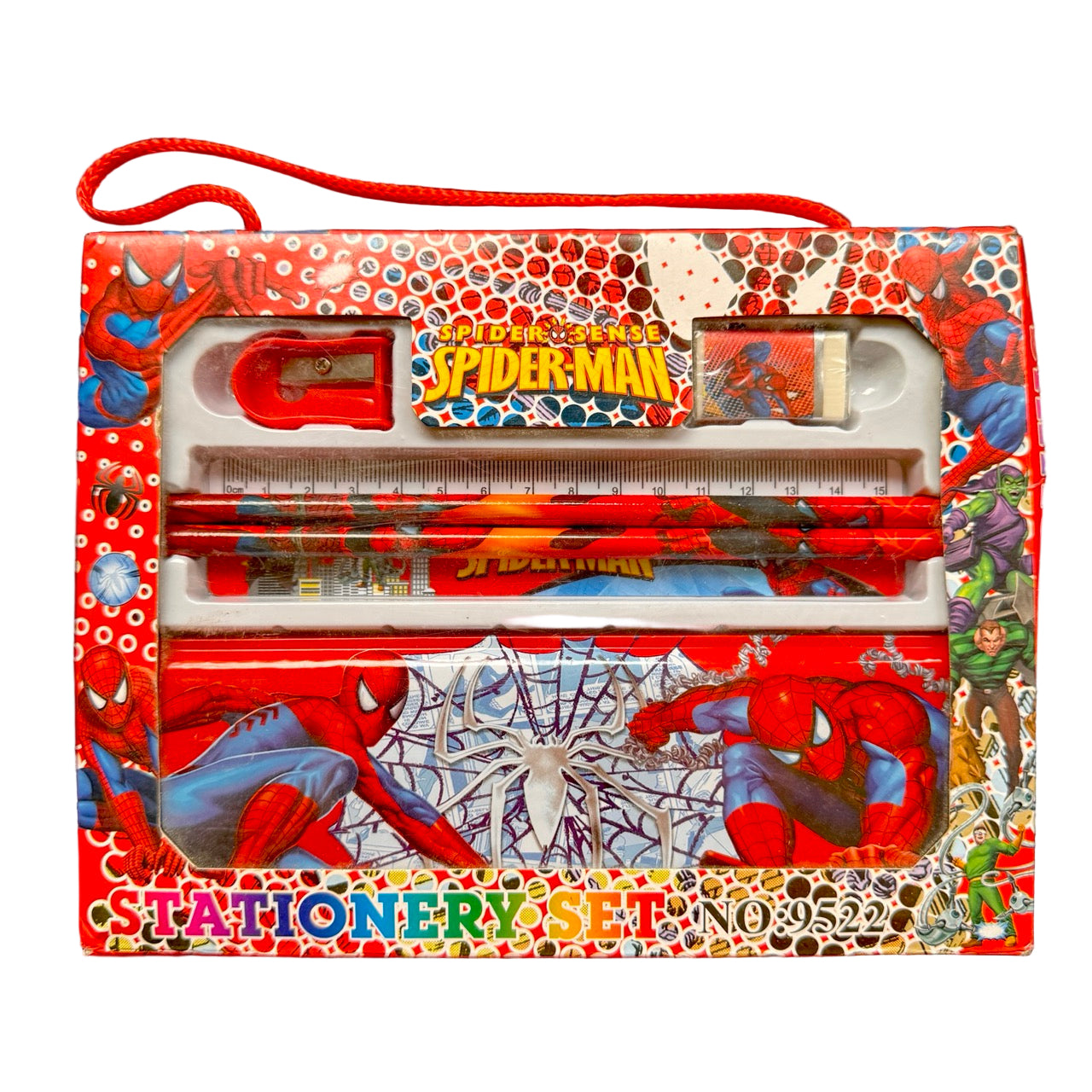 Spider-Man stationery set with pencil case, pens, and ruler on a white background